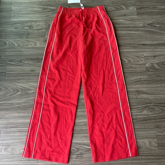 NEW WAYF Womens London Track Pant Red with White Pipping Wide Leg - Picture 2 of 10